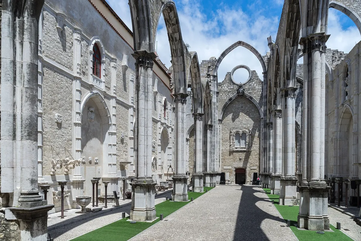 Roofless nave arches of Carmo Archaeological Museum ruins in Lisbon