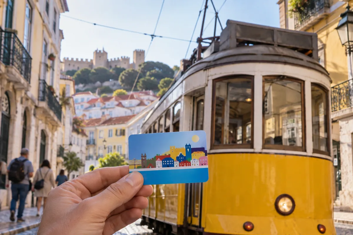 Lisboa Card held in front of Lisbon’s iconic yellow tram