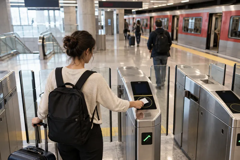 Lisbon Airport terminal with a passenger accessing the metro for a city transfer