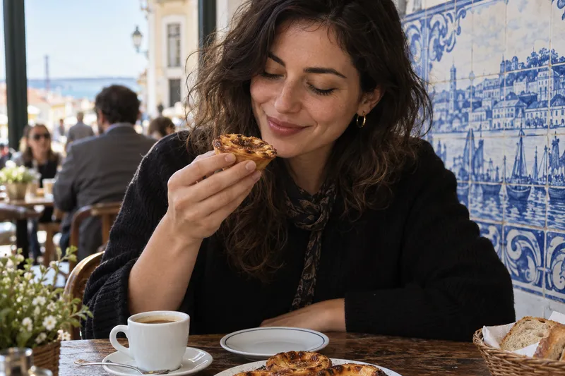 Fresh Portuguese custard tarts and coffee on a cafe table in Lisbon
