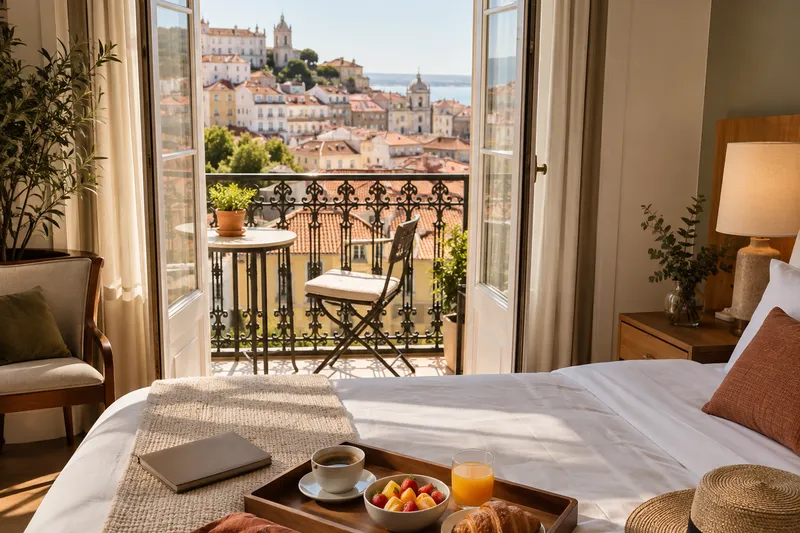 Hotel room with a balcony overlooking Lisbon rooftops