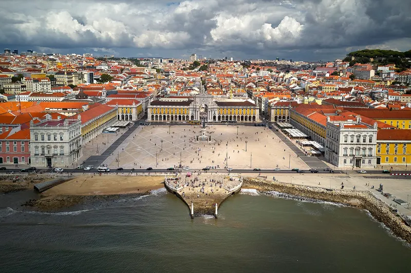 Aerial view of Lisbon's historic centre and Praça do Comércio by the Tagus River